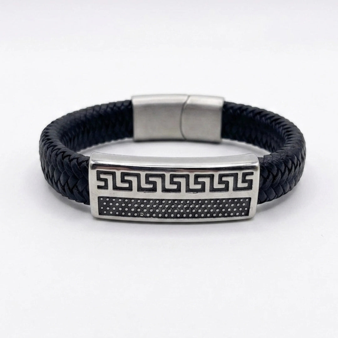 Pulsera Atenas cuero genuino negro, diseño griego minimalista para uso diario