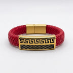 Placa griega grabada en acero dorado sobre cuero rojo, pulsera Atenas para hombre