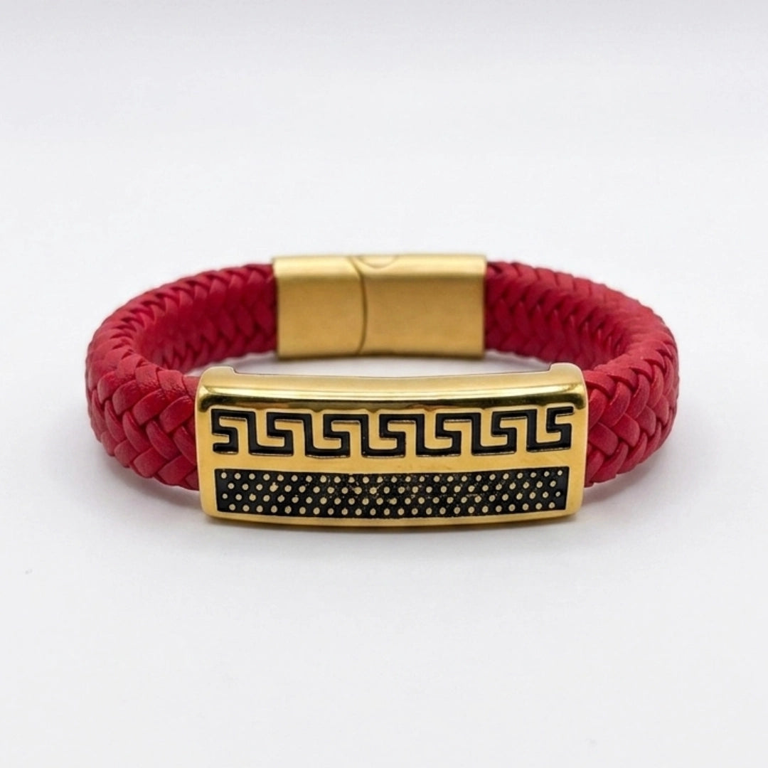 Placa griega grabada en acero dorado sobre cuero rojo, pulsera Atenas para hombre