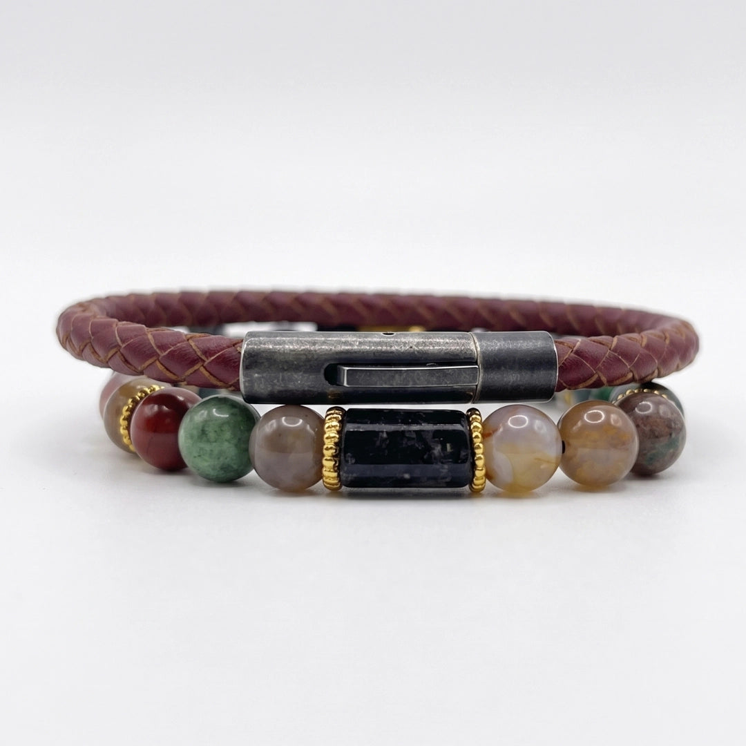 SET 2 pulseras: cuero y Ágata India