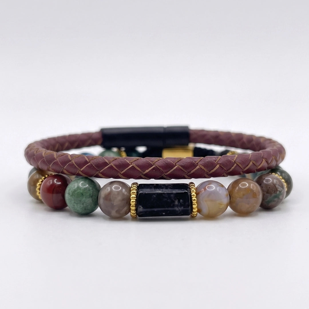 SET 2 pulseras: cuero y Ágata India