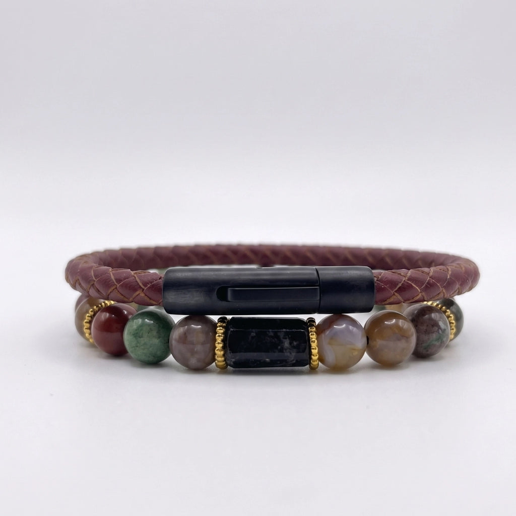 SET 2 pulseras: cuero y Ágata India