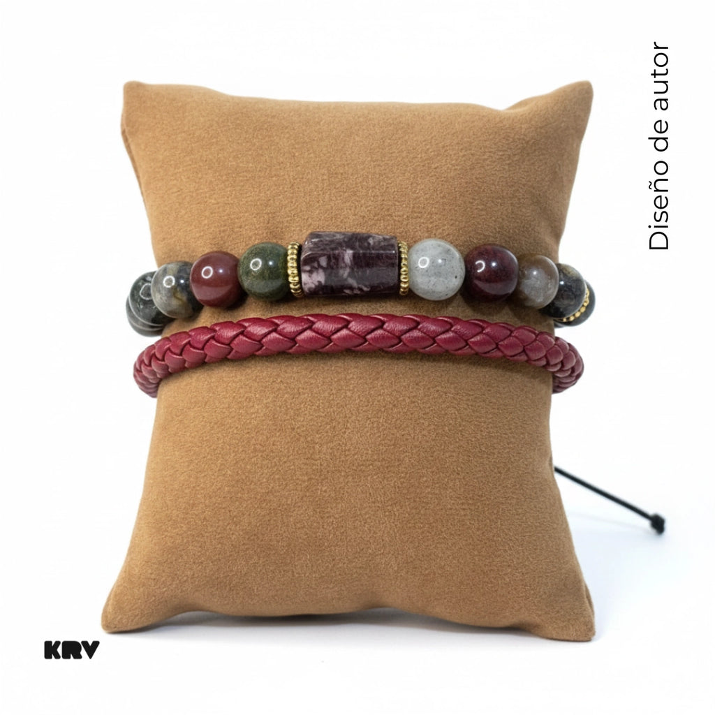 Set de pulseras de cuero natural de vaca color vinotinto, con pulsera ajustable masculina de Ágata India natural para hombres