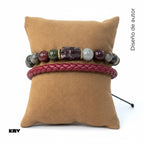 Set de pulseras de cuero natural de vaca color vinotinto, con pulsera ajustable masculina de Ágata India natural para hombres
