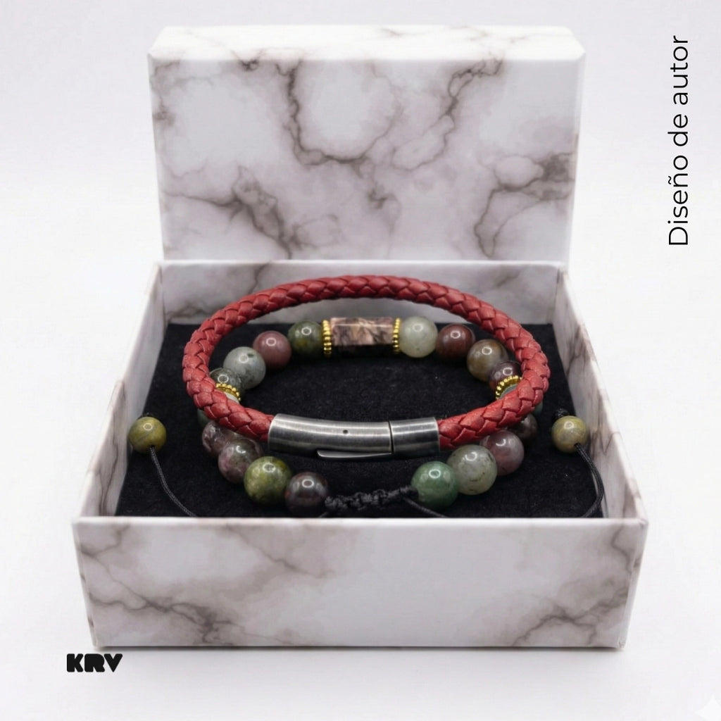 Set de pulseras de cuero natural de vaca color vinotinto, con pulsera ajustable masculina de Ágata India natural para hombres con broche de color gris envejecido