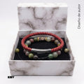 Set de pulseras de cuero natural de vaca color vinotinto, con pulsera ajustable masculina de Ágata India natural para hombres con broche de color gris envejecido