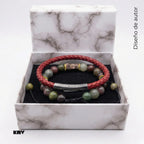 Set de pulseras de cuero natural de vaca color vinotinto, con pulsera ajustable masculina de Ágata India natural para hombres con broche de color gris envejecido