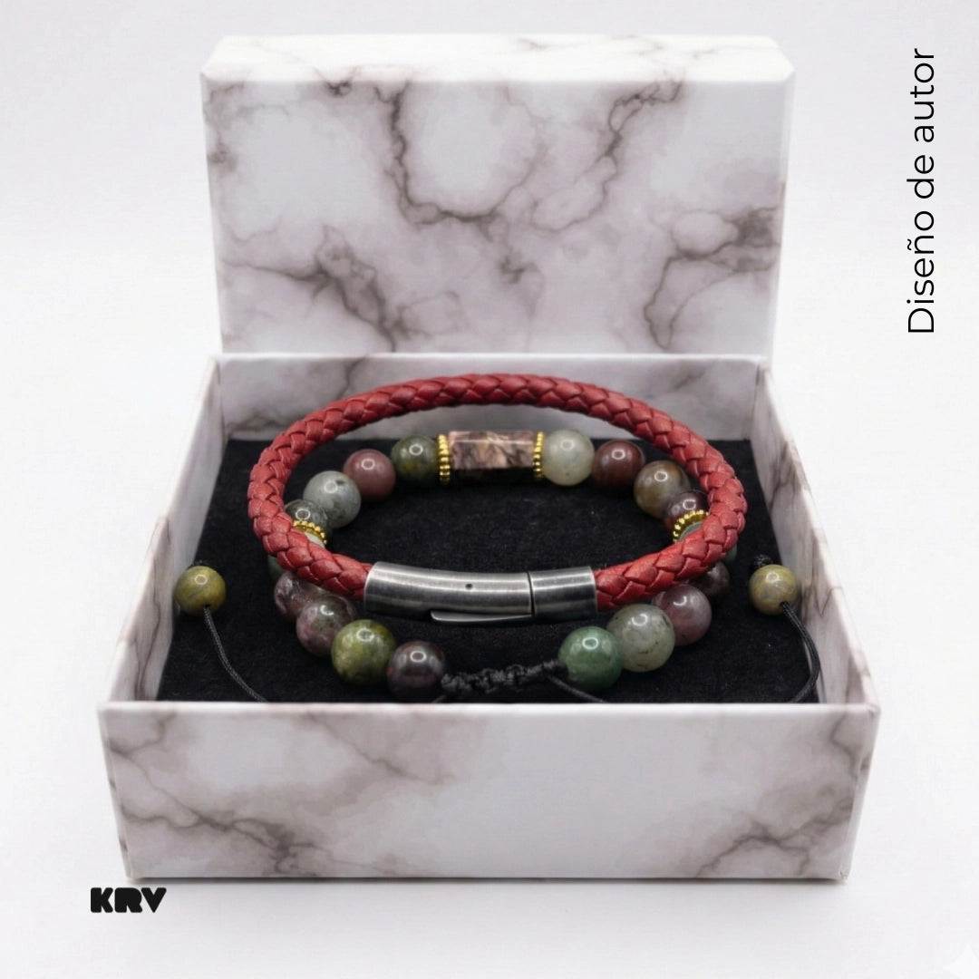 Set de pulseras de cuero natural de vaca color vinotinto, con pulsera ajustable masculina de Ágata India natural para hombres con broche de color gris envejecido