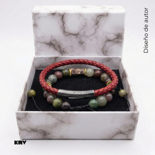 Set de pulseras de cuero natural de vaca color vinotinto, con pulsera ajustable masculina de Ágata India natural para hombres con broche de color gris envejecido