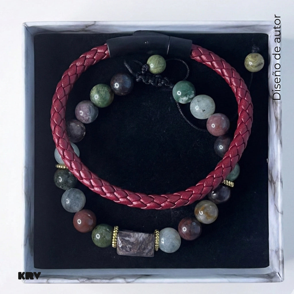 Set de pulseras de cuero natural de vaca color vinotinto, con pulsera ajustable masculina de Ágata India natural para hombres con broche de color negro mate