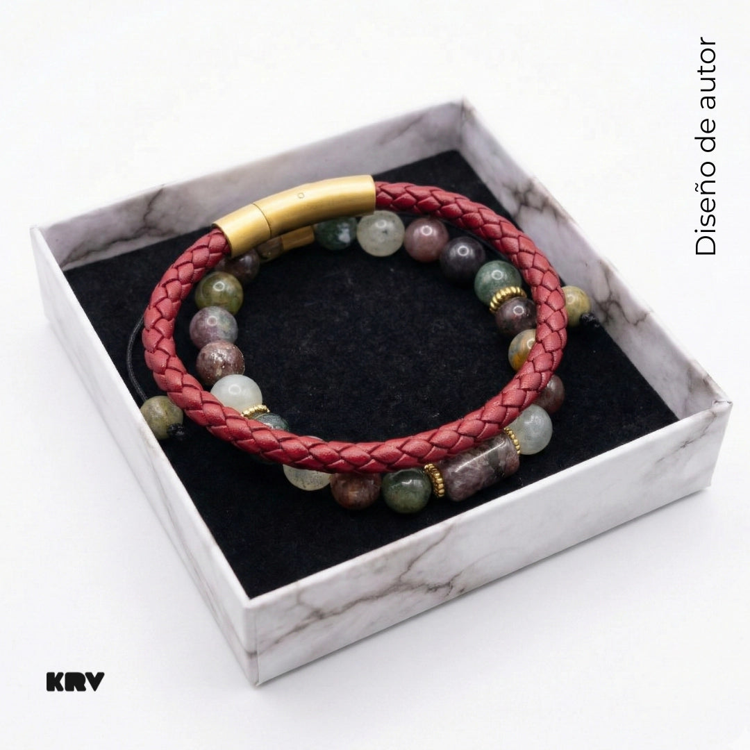 Set de pulseras de cuero natural de vaca color vinotinto, con pulsera ajustable masculina de Ágata India natural para hombres con broche de color dorado mate