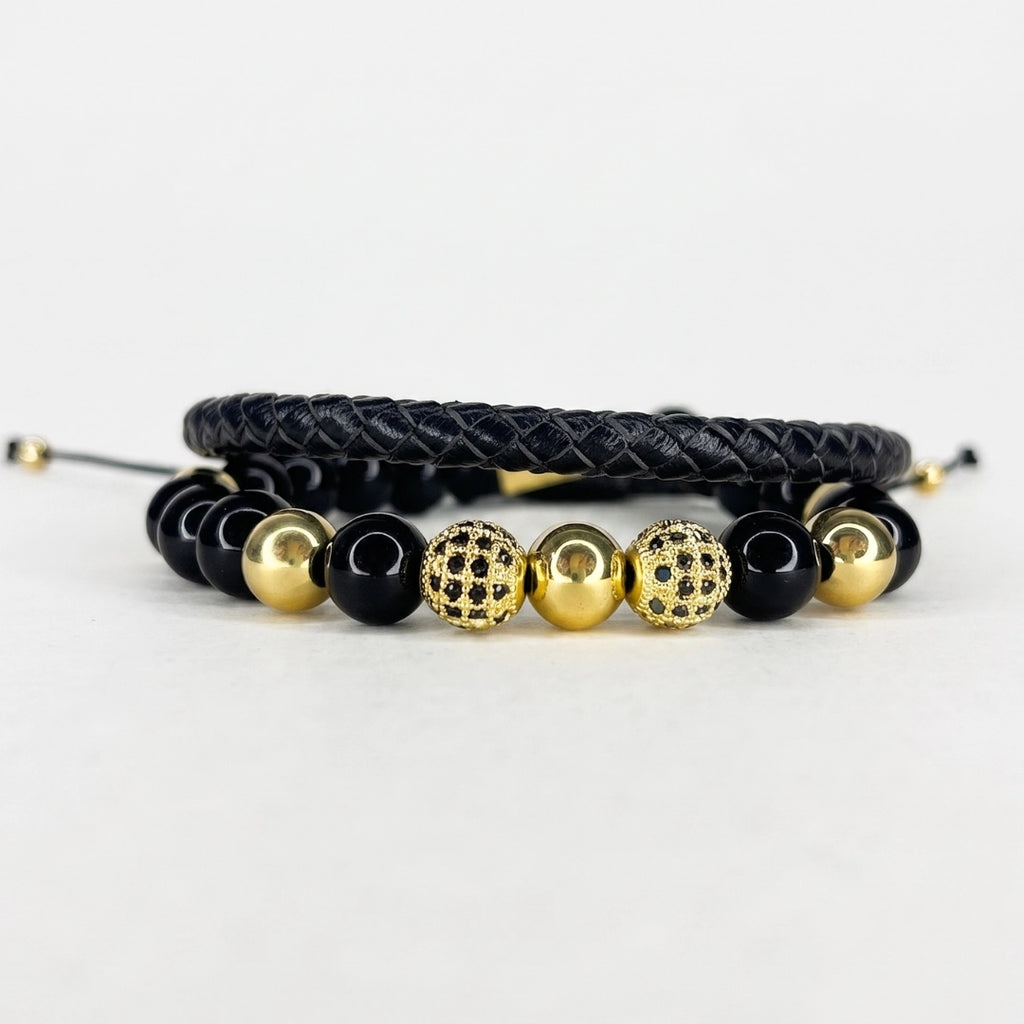 Set Dorado: Cuero trenzado y pulsera ágata negra