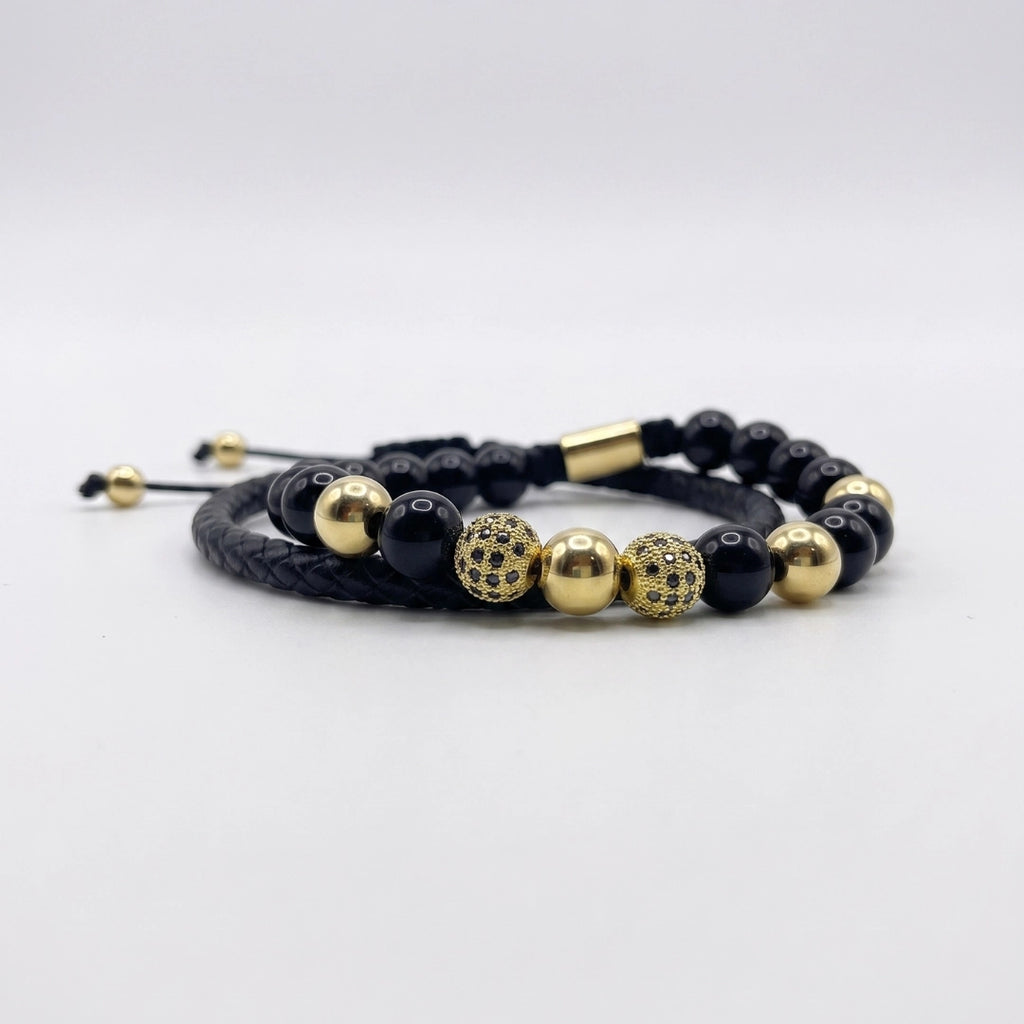 Set Dorado: Cuero trenzado y pulsera ágata negra
