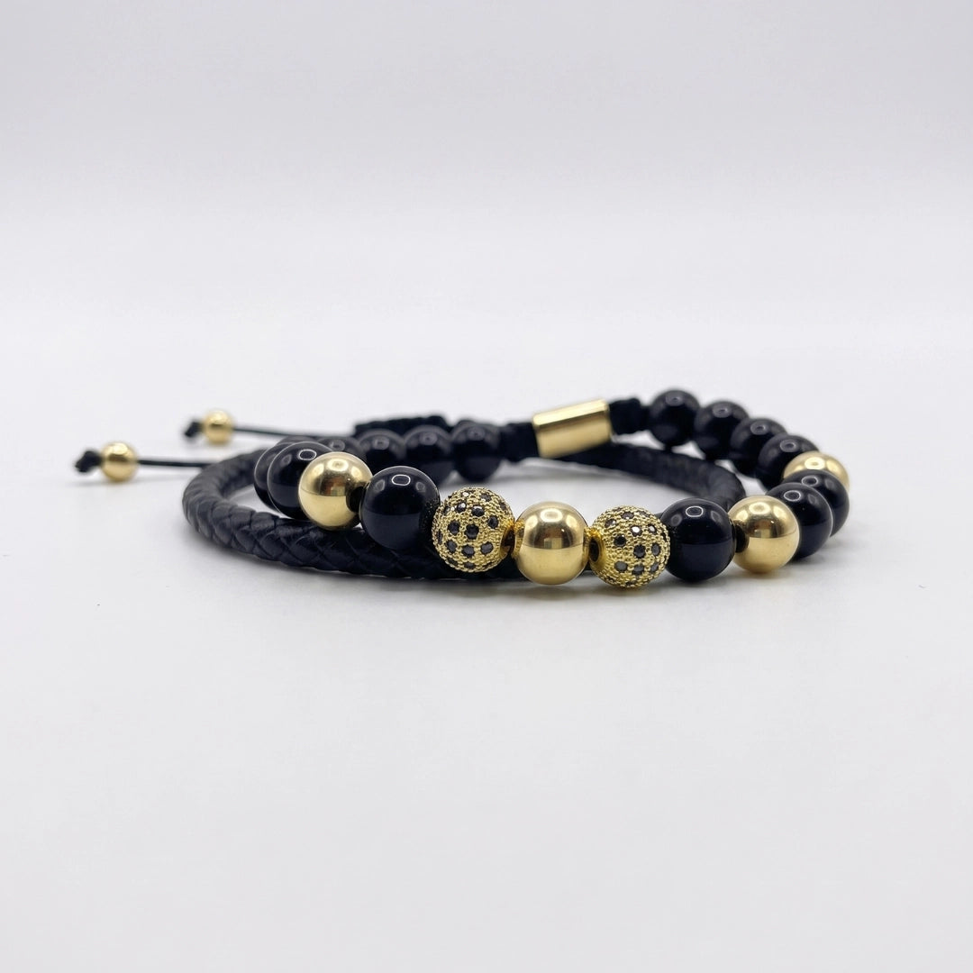 Set Dorado: Cuero trenzado y pulsera ágata negra