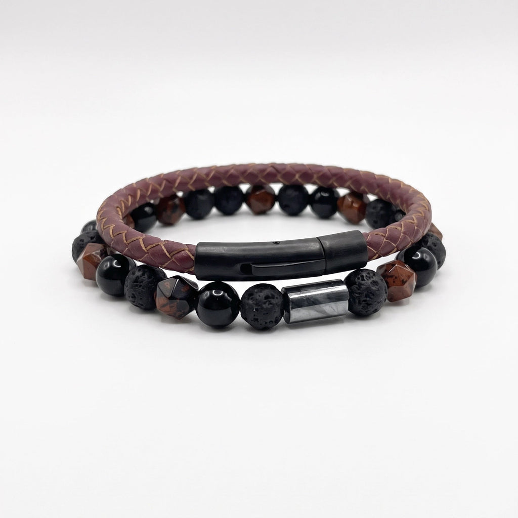 Hermoso set de pulseras de cuero natural trenzado y pulsera de piedra natural de tipo obsidiana 