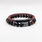 Hermoso set de pulseras de cuero natural trenzado y pulsera de piedra natural de tipo obsidiana 