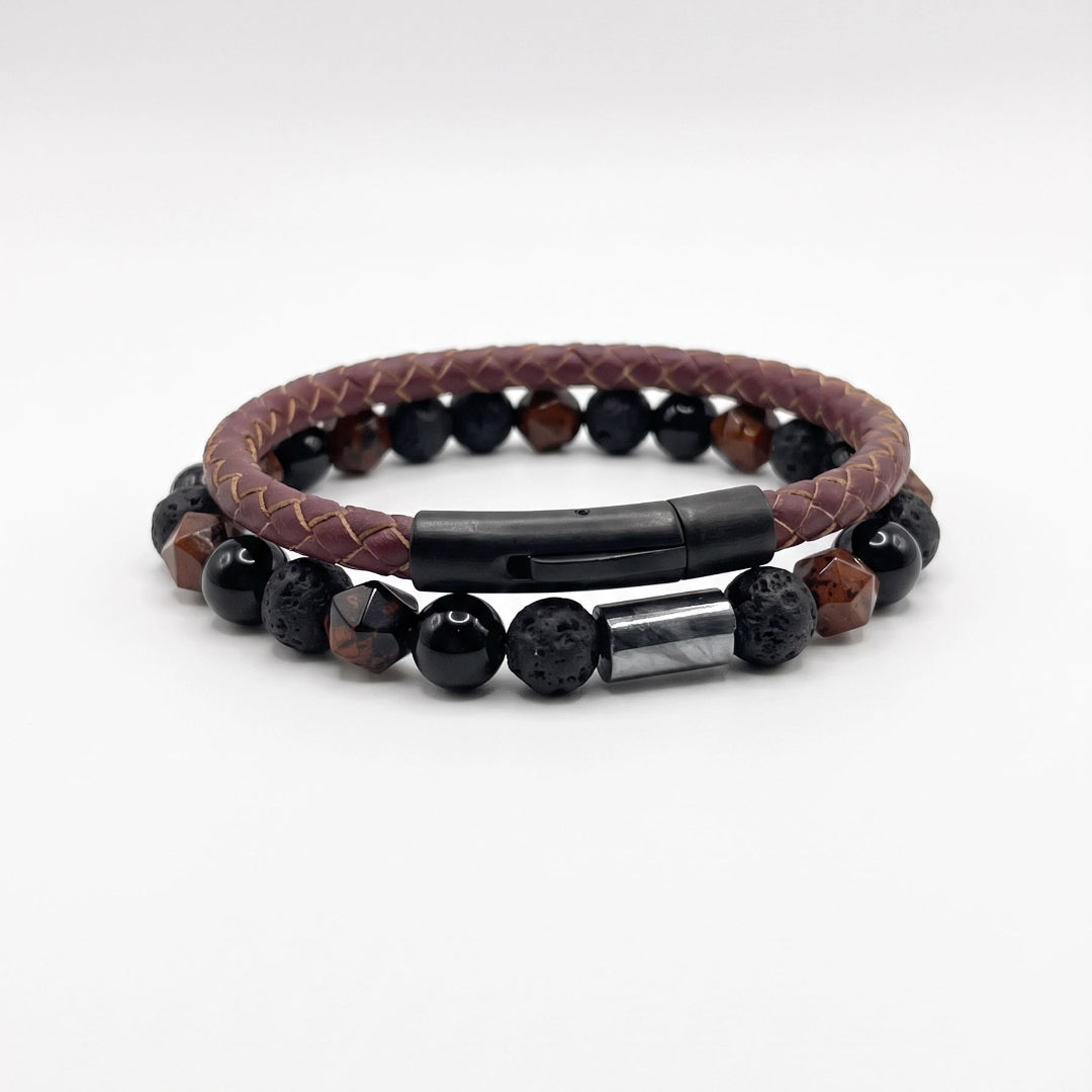 Hermoso set de pulseras de cuero natural trenzado y pulsera de piedra natural de tipo obsidiana 