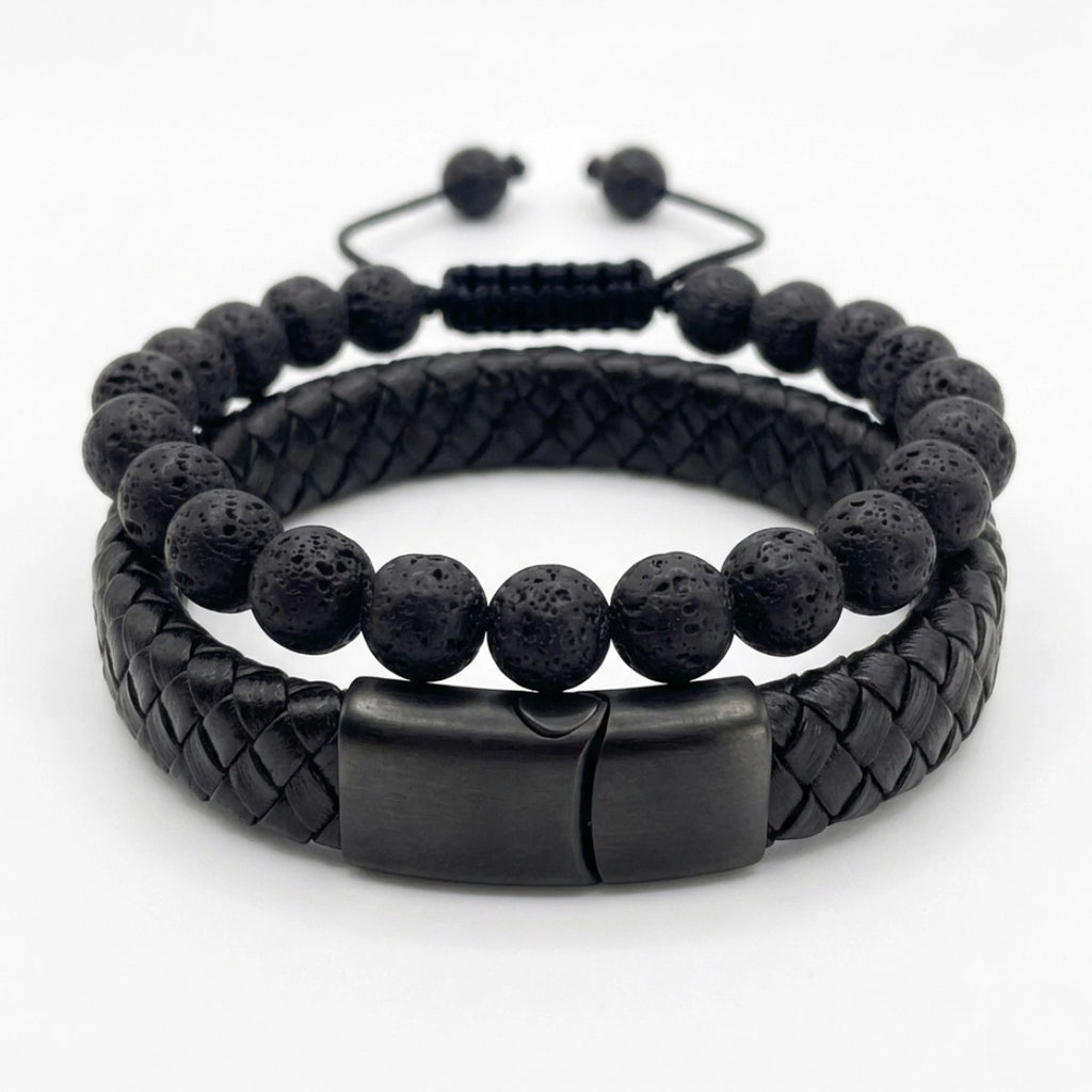 Dúo Pulseras Piedra Volcánica 8mm y Cuero Negro trenzado