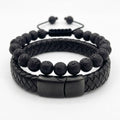 Dúo Pulseras Piedra Volcánica 8mm y Cuero Negro trenzado