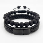 Dúo Pulseras Piedra Volcánica 8mm y Cuero Negro trenzado