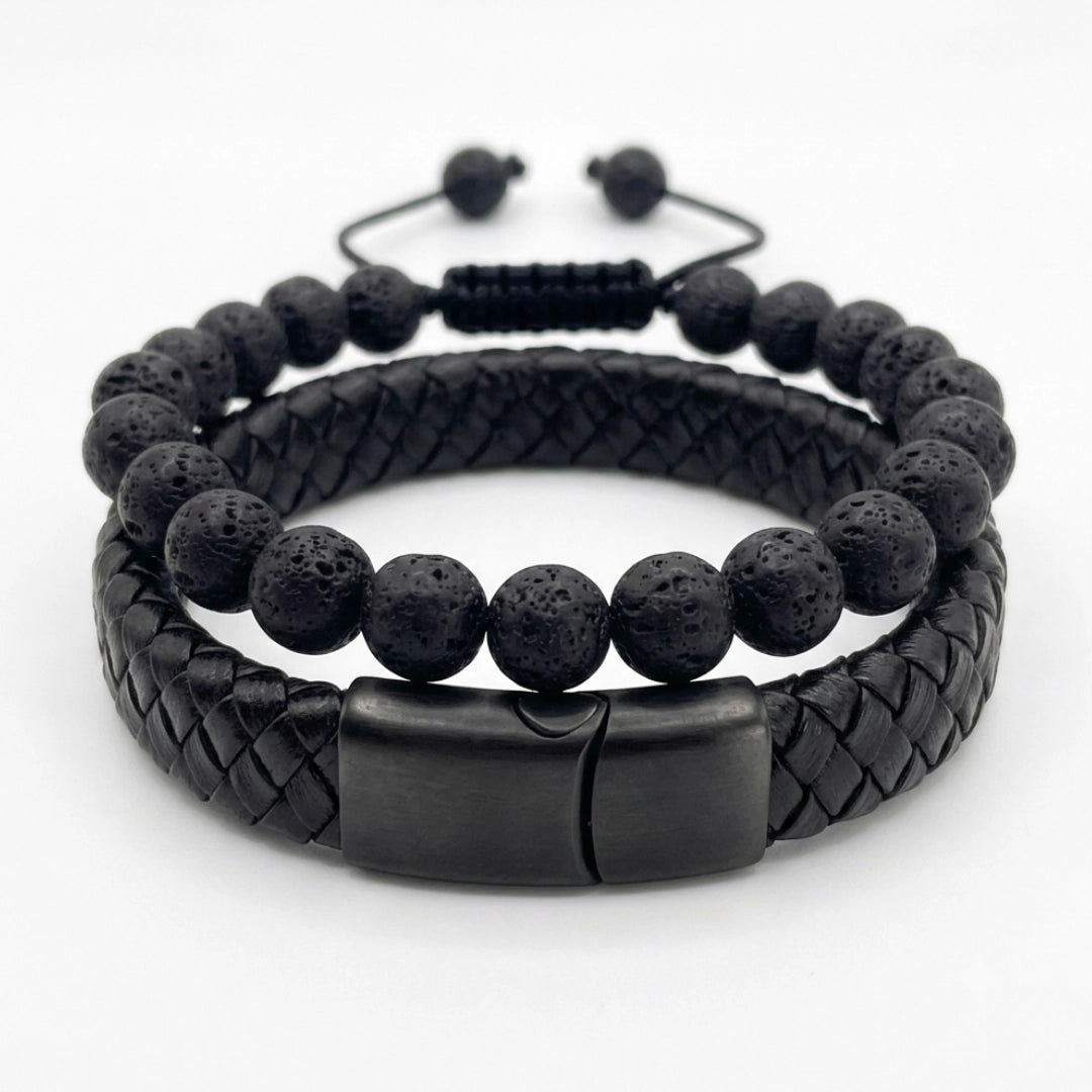 Dúo Pulseras Piedra Volcánica 8mm y Cuero Negro trenzado