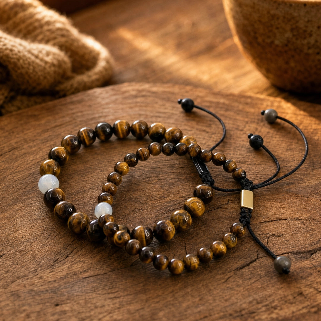 Set de pulseras de piedra natural con ojo tigre y jade blanco, significado romántico para personas que se aman 