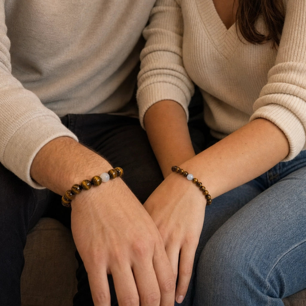 Pareja tomados de la mano luciendo pulseras a juego de ojo de tigre