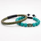 SET: Pulsera de cuero trenzado y turquesa verde natural