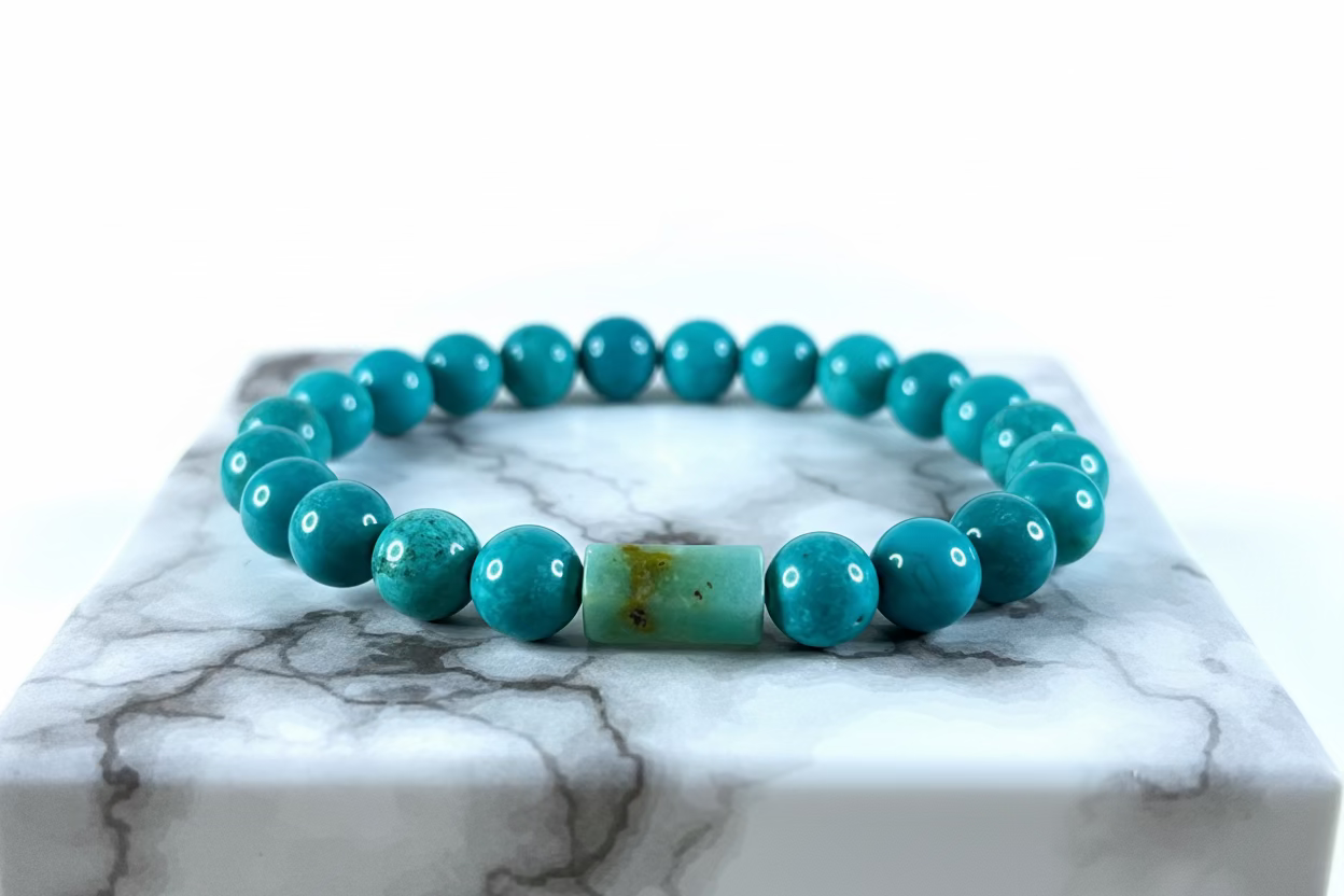 Pulsera de cuentas de piedra turquesa verde con vetas negras y marrones para hombre