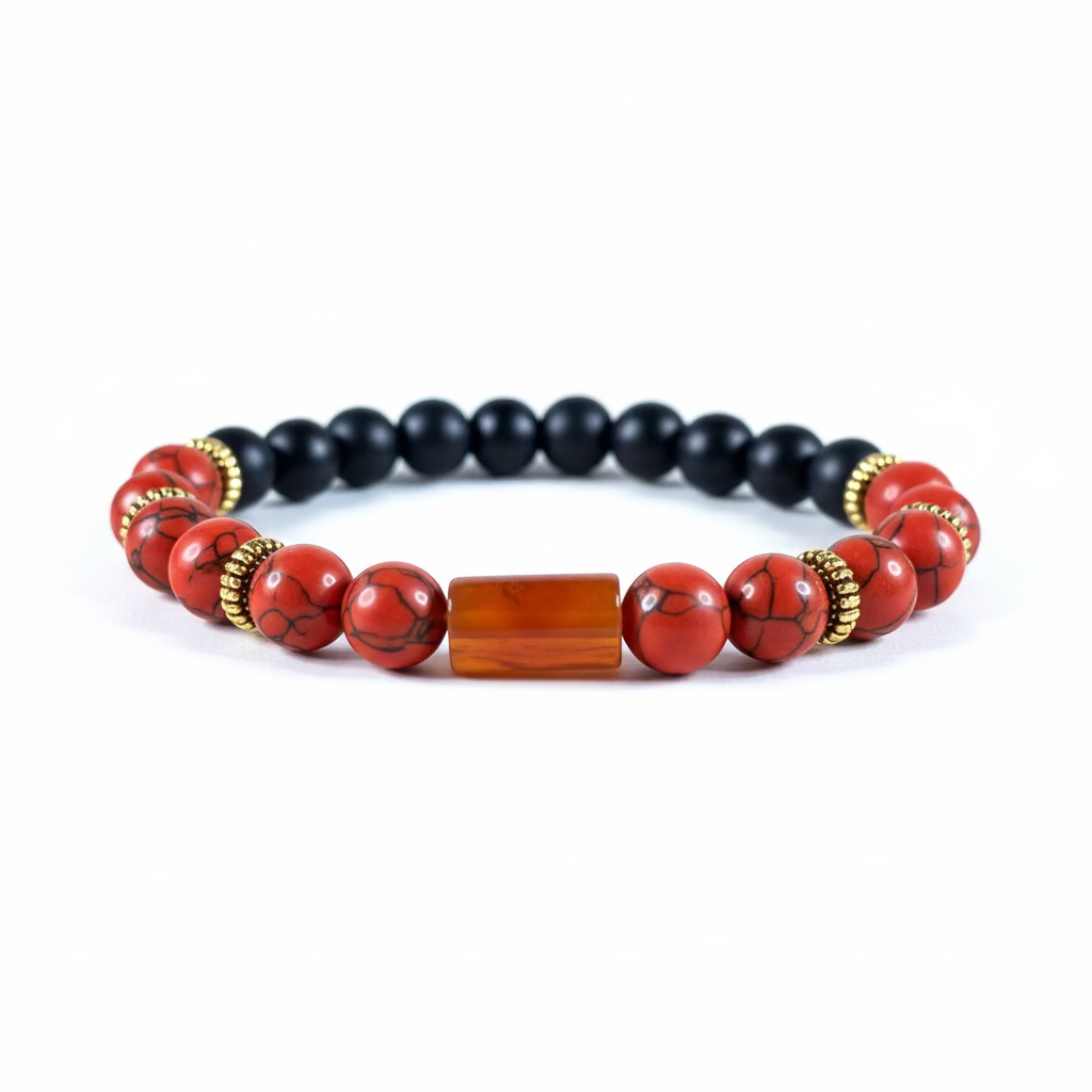 Pulsera turquesa roja y ónix, detalle contraste de color