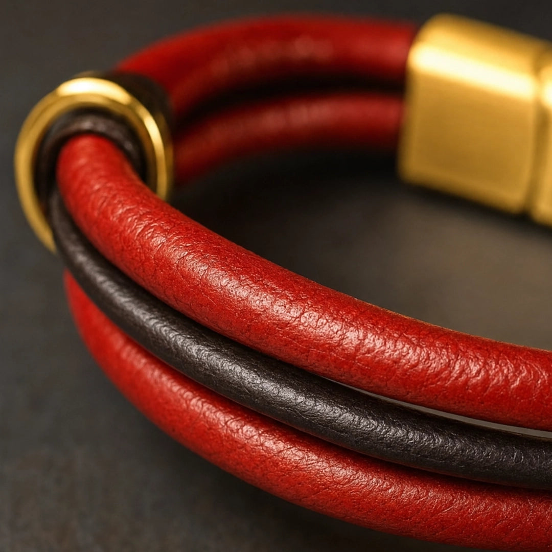 Vista macro de pulsera con tres cordones redondo de cuero de vaca, con detalles dorados en acero inoxidable